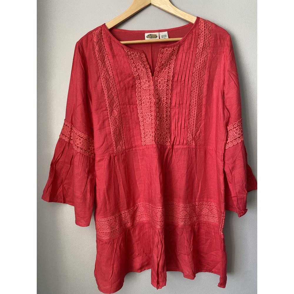 Collections ETC Boho Pink Tunic Blouse Size L Bell Sleeves w/ Lace Trim & Pleats